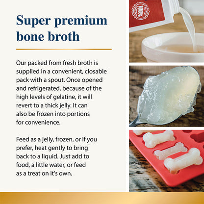 Super premium Karnlea Beef Bone Broth packaging with text and images of broth and packaging.