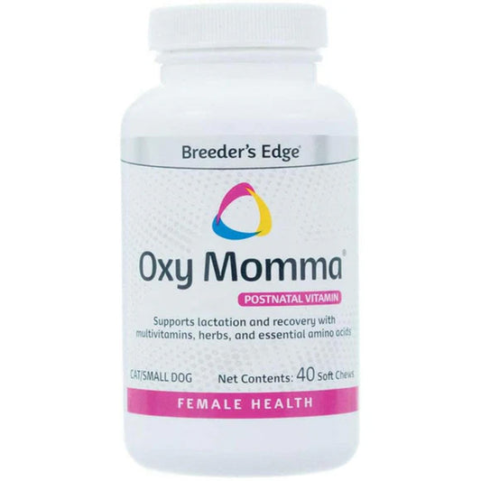 Breeder's Edge Oxy Momma postnatal vitamin bottle for female health on a white background