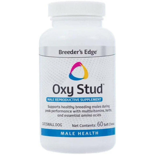 Bottle of Breeder's Edge Oxy Stud supplement on a white background