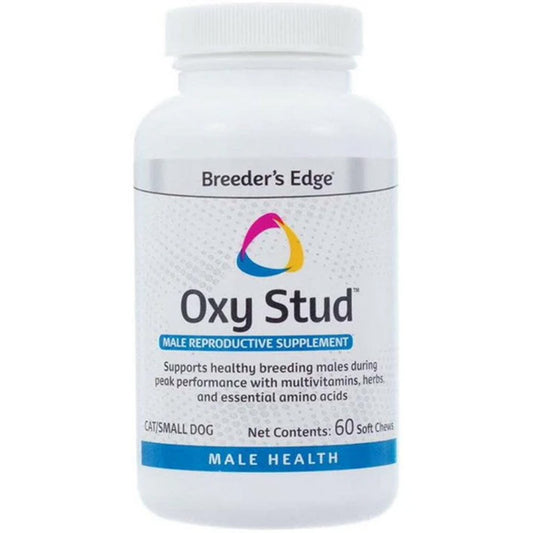 Bottle of Breeder's Edge Oxy Stud supplement on a white background
