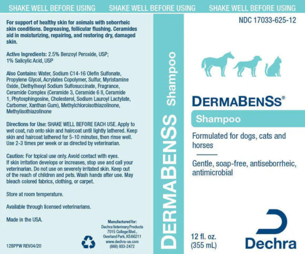 Dermabens shampoo packaging for dogs, cats, and horses with product details and Dechra branding.