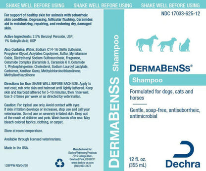 Dermabens shampoo packaging for dogs, cats, and horses with product details and Dechra branding.