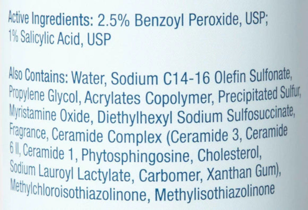 List of active and inactive ingredients on a skincare product label.