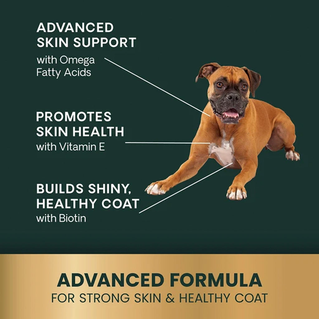 A promotional graphic for a dog formula showing a brown Boxer-type dog on a dark green background with text callouts about skin support, skin health, and a shiny healthy coat. A gold banner at the bottom reads 'ADVANCED FORMULA FOR STRONG SKIN & HEALTHY COAT'.