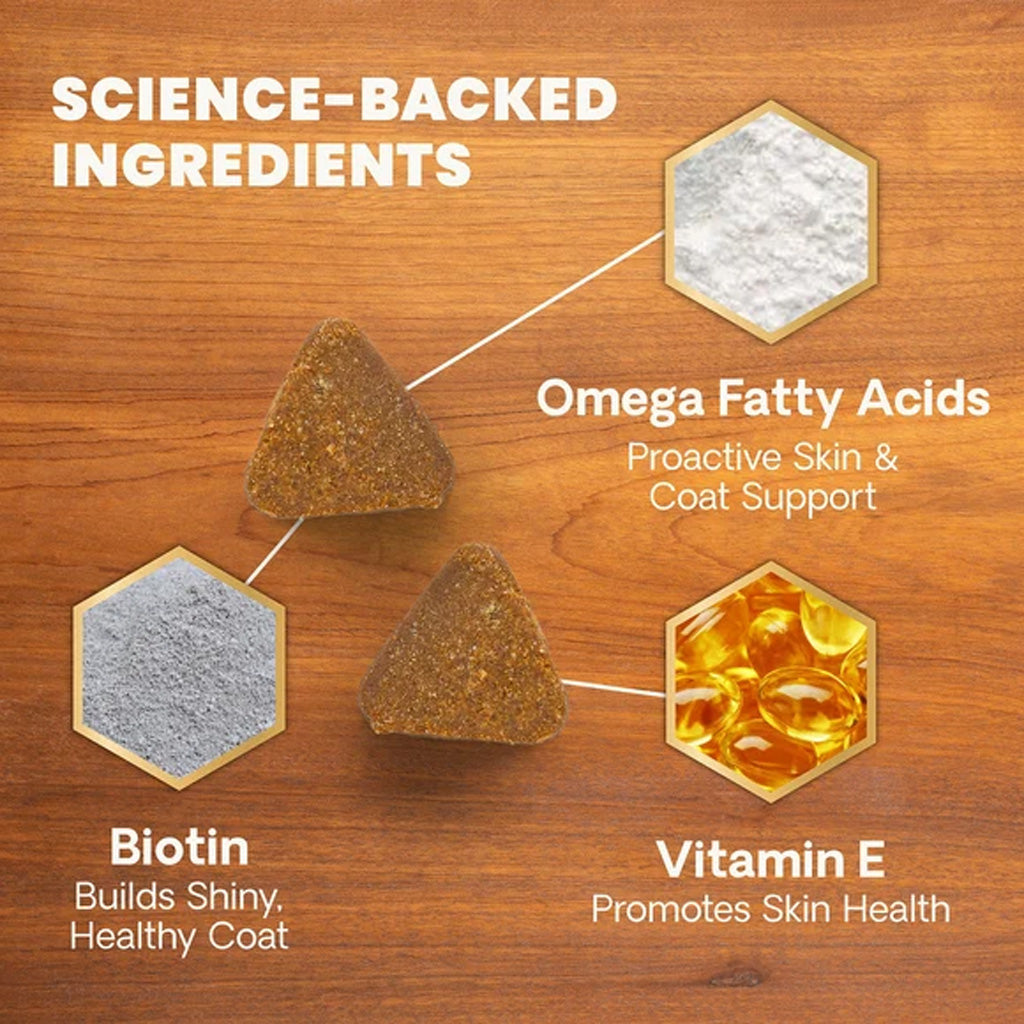 Diagram of science-backed ingredients for pet health on a wooden background