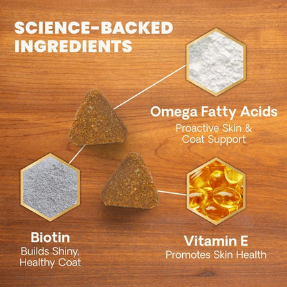 Diagram of science-backed ingredients for pet health on a wooden background