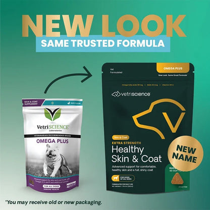 Two VetriScience pet supplement packages with a green gradient background and text indicating a new look. Omega Plus now called Extra Strength Healthy Skin & Coat