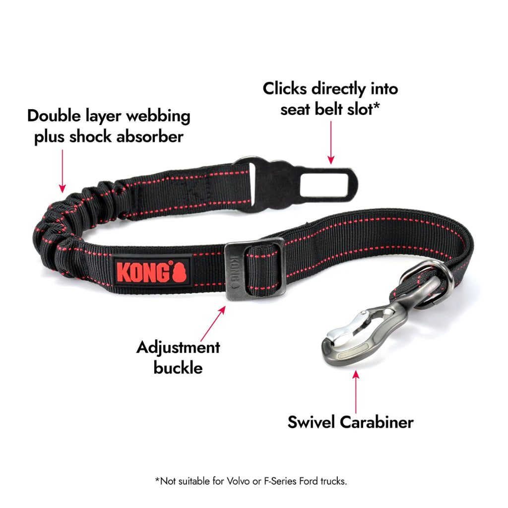 KONG dog seat belt with features labeled on a white background