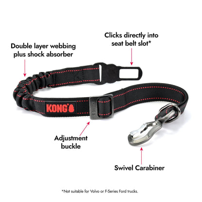 KONG dog seat belt with features labeled on a white background