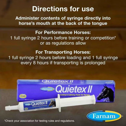 Quietex II horse calming paste with directions for use on a wooden background