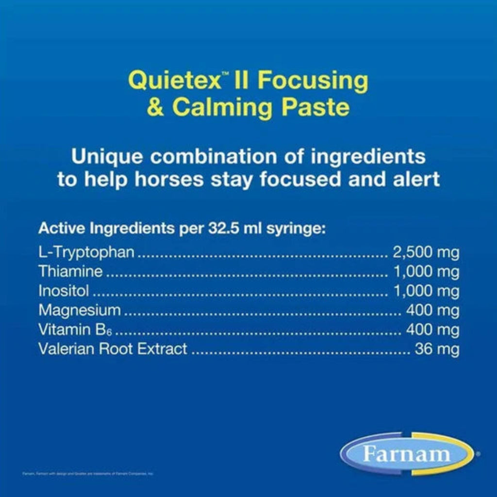 Product label for Quietex II Focusing & Calming Paste with ingredient list on a blue background.