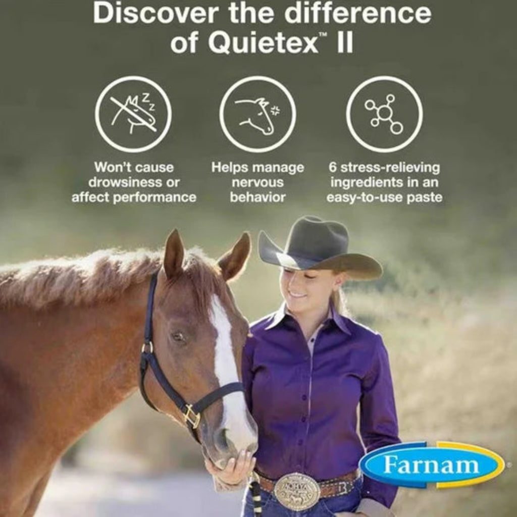 Woman in cowboy hat with horse, promoting Quietex II product by Farnam