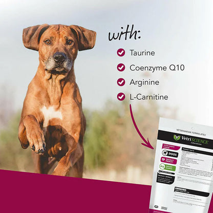 Dog standing outdoors with a product package labeled 'VetriScience' in the foreground.
