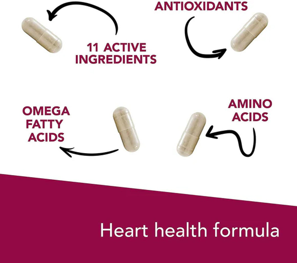Vetriscience Heart health formula with capsules labeled 'Omega Fatty Acids', 'Amino Acids', '11 Active Ingredients', and 'Antioxidants' on a white background.