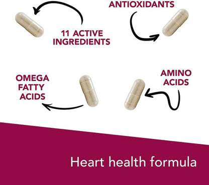 Vetriscience Heart health formula with capsules labeled 'Omega Fatty Acids', 'Amino Acids', '11 Active Ingredients', and 'Antioxidants' on a white background.