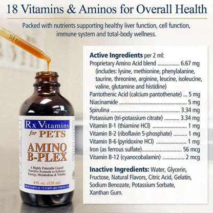 Bottle of Rx Vitamins Amino B-Plex with active ingredients listed on a white background