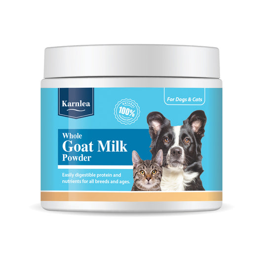 Karnlea whole goat milk powder container for dogs and cats on a white background