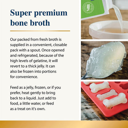 Super premium Karnlea Lamb Bone Broth packaging with text and images of broth and packaging.