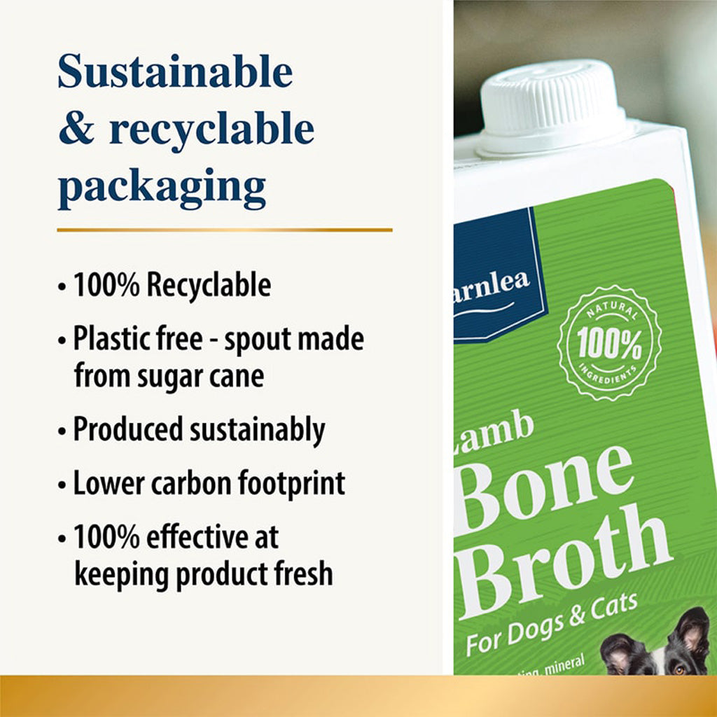 Bottle of Karnlea Lamb Bone Broth for dogs and cats with sustainability features highlighted.