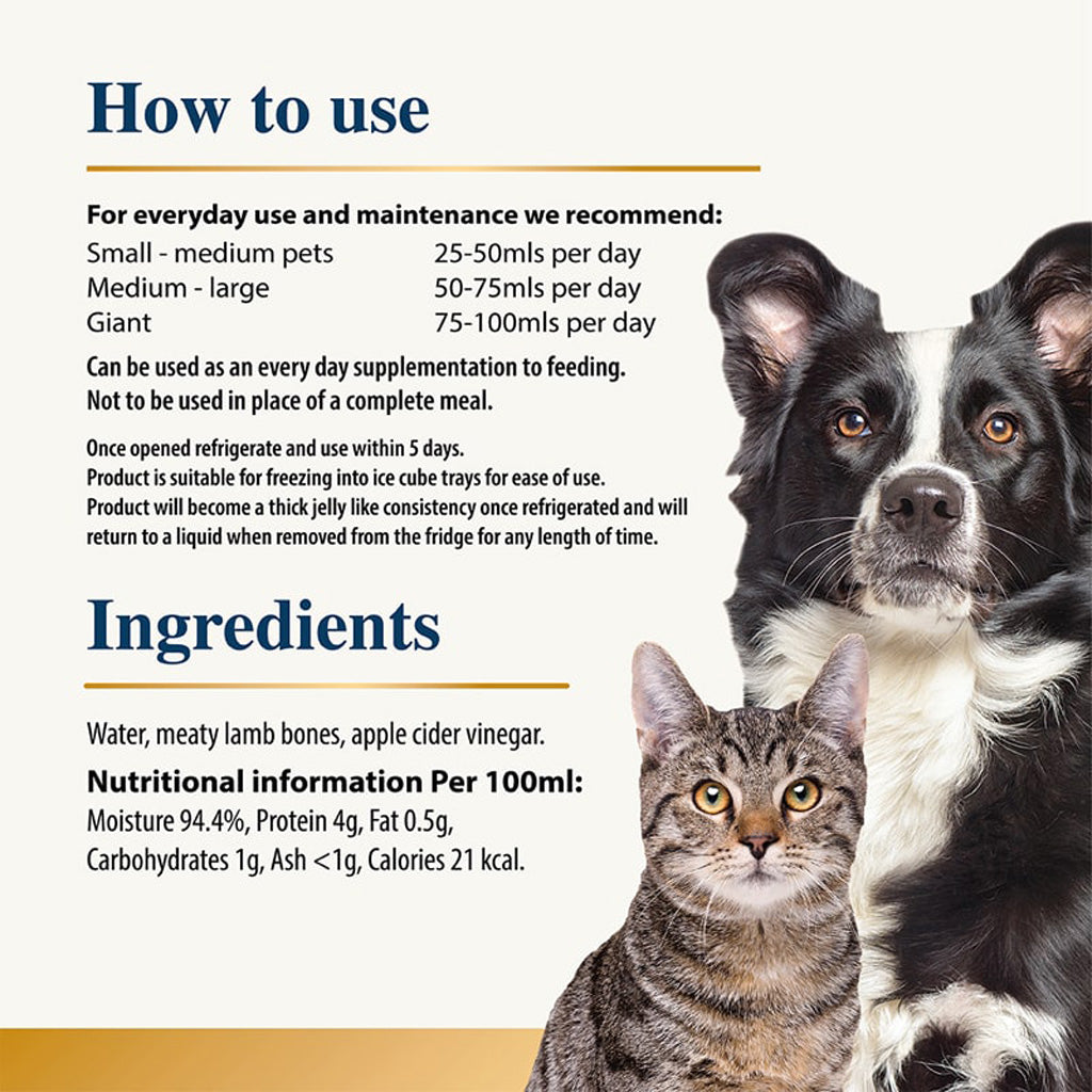 Karnlea Lamb Bone Broth Pet supplement how to use information with a dog and cat on a white background