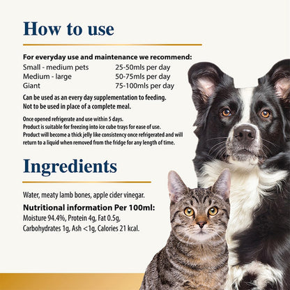 Karnlea Lamb Bone Broth Pet supplement how to use information with a dog and cat on a white background