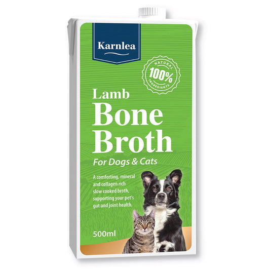 Karnlea Lamb Bone Broth packaging for dogs and cats on a white background