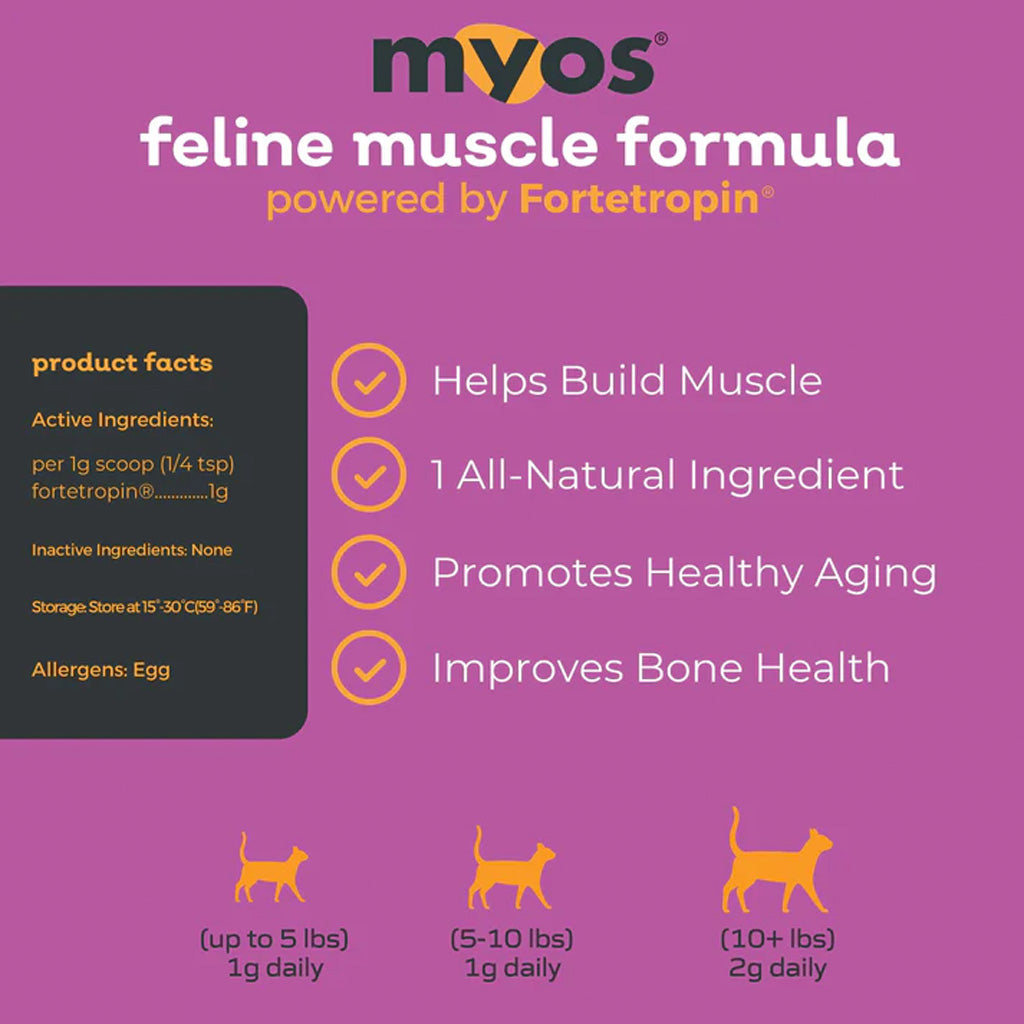 Myvos feline muscle formula packaging with purple background and cat illustrations.