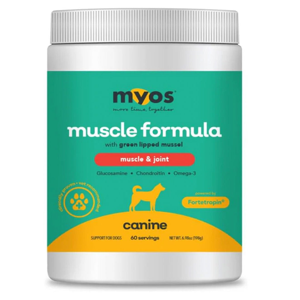 MYOS Muscle and Joint Formula for dogs, tub shown with the Fortetropin branding