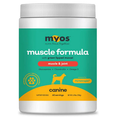 MYOS Muscle and Joint Formula for dogs, tub shown with the Fortetropin branding