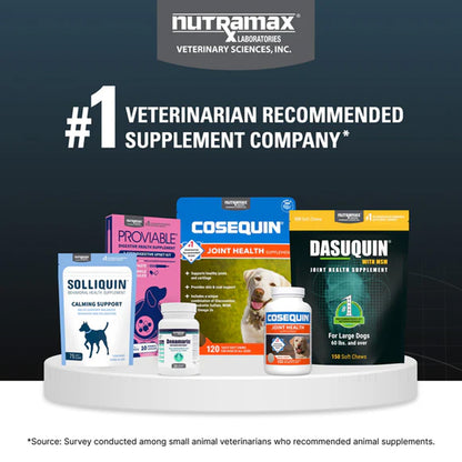 Collection of Nutramax veterinary supplements on a dark background with the brand logo displayed.
