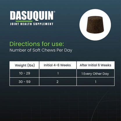 Dasuquin joint health supplement directions for use on a dark background