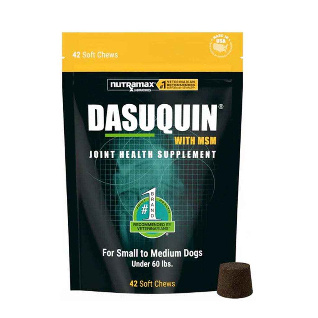 A stand-up pouch of Dasuquin Joint Health Supplement for small to medium dogs under 60 lbs, shown on a white background with one brown soft chew placed beside it.