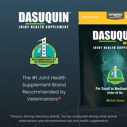 Dasuquin Joint Health Supplement packaging and branding on a dark blue background, showing the product box, a recommended-by-veterarians badge, and marketing text.