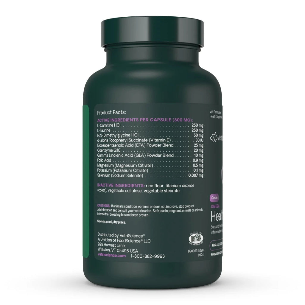 Product facts panel: active ingredients per 800 mg capsule — L-carnitine HCl 250 mg, L-taurine 250 mg, DMG 50 mg, vitamin E 30 IU, EPA 25 mg, CoQ10 20 mg, GLA 10 mg, folic acid 0.9 mg, magnesium, potassium, selenium