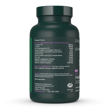 Product facts panel: active ingredients per 800 mg capsule — L-carnitine HCl 250 mg, L-taurine 250 mg, DMG 50 mg, vitamin E 30 IU, EPA 25 mg, CoQ10 20 mg, GLA 10 mg, folic acid 0.9 mg, magnesium, potassium, selenium