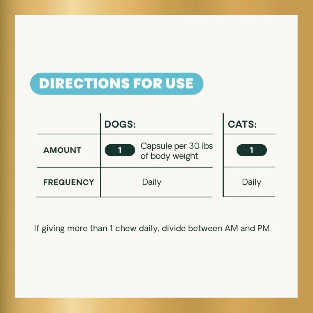 Directions for use: cats give 1 capsule daily, dogs give 1 capsule per 30 lbs of body weight daily. Divide between morning and evening if giving more than one