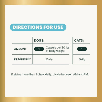 Directions for use: cats give 1 capsule daily, dogs give 1 capsule per 30 lbs of body weight daily. Divide between morning and evening if giving more than one