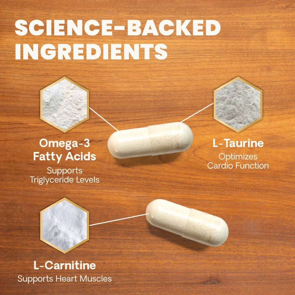 Omega Healthy Heart ingredients: L-carnitine, L-taurine, CoQ10, DMG, EPA and GLA omega fatty acids, vitamin E and selenium
