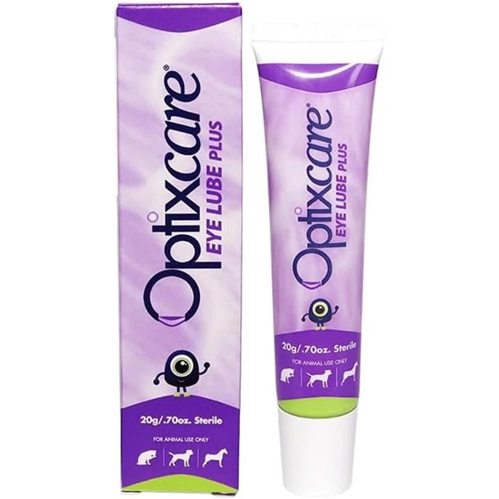 Optixcare Eye Lube Plus for dogs and cats, 20 g tube shown with its retail box
