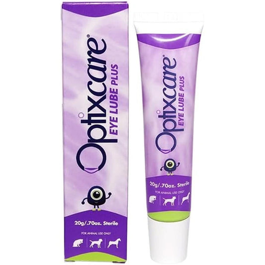 Optixcare Eye Lube Plus for dogs and cats, 20 g tube shown with its retail box