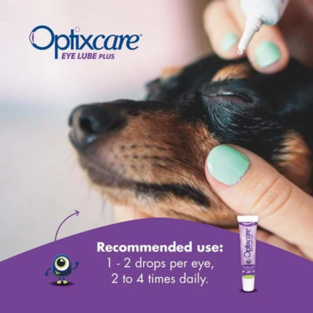 Optixcare eye lube being applied to a dog's eye with product packaging and usage instructions displayed.