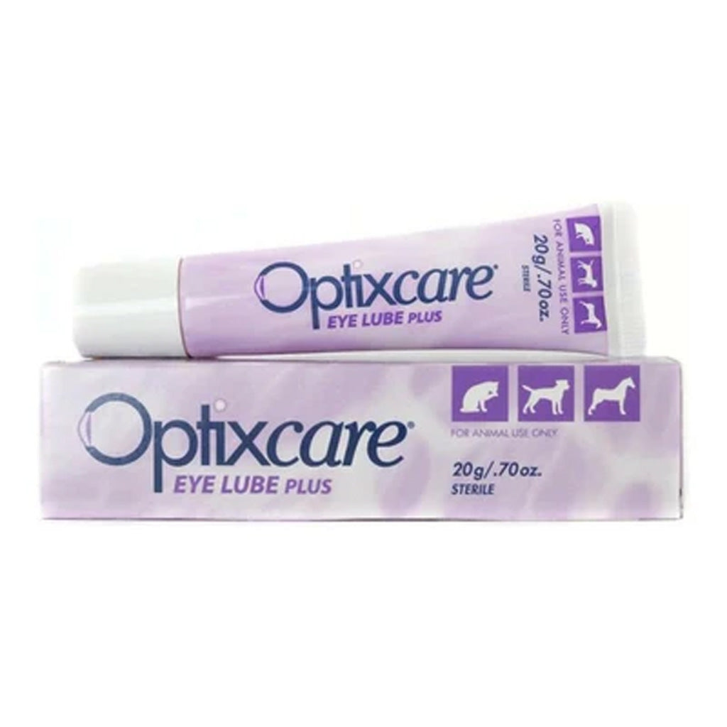 Two tubes of Optixcare Eye Lube Plus on a white background