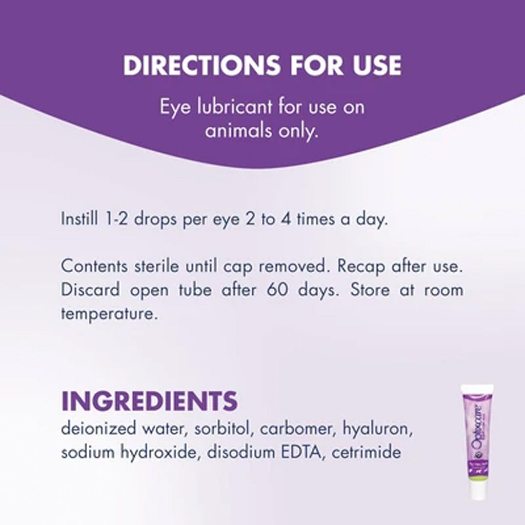 Instructional graphic for an eye lubricant tube, with a purple header reading 'DIRECTIONS FOR USE' and text about administering drops to animals. The bottom section lists ingredients and shows a small tube illustration on a pale lavender background.