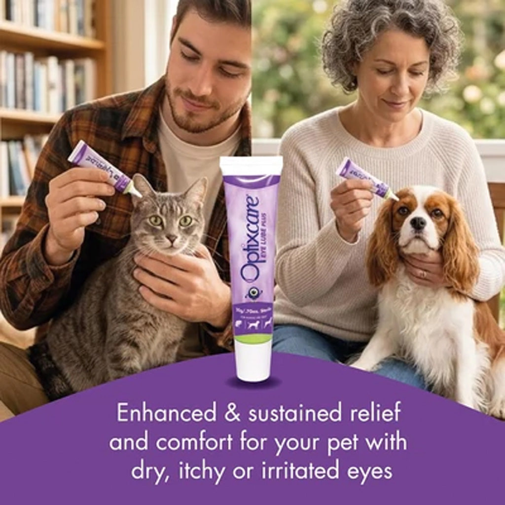 Optixcare Eye Lube Plus shown with pet owners and their dogs and cats