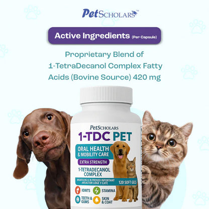 Pet Scholars 1-TDC PET supplement bottle with a dog and cat on a light blue background