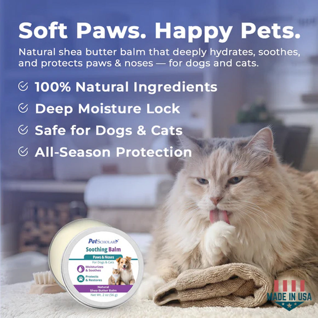 Cat with Soft Paws product and promotional text about natural shea butter balm for pets.