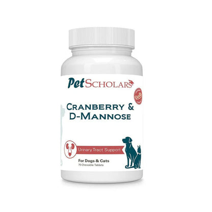 Pet Scholars Cranberry & D-Mannose supplement bottle on a white background