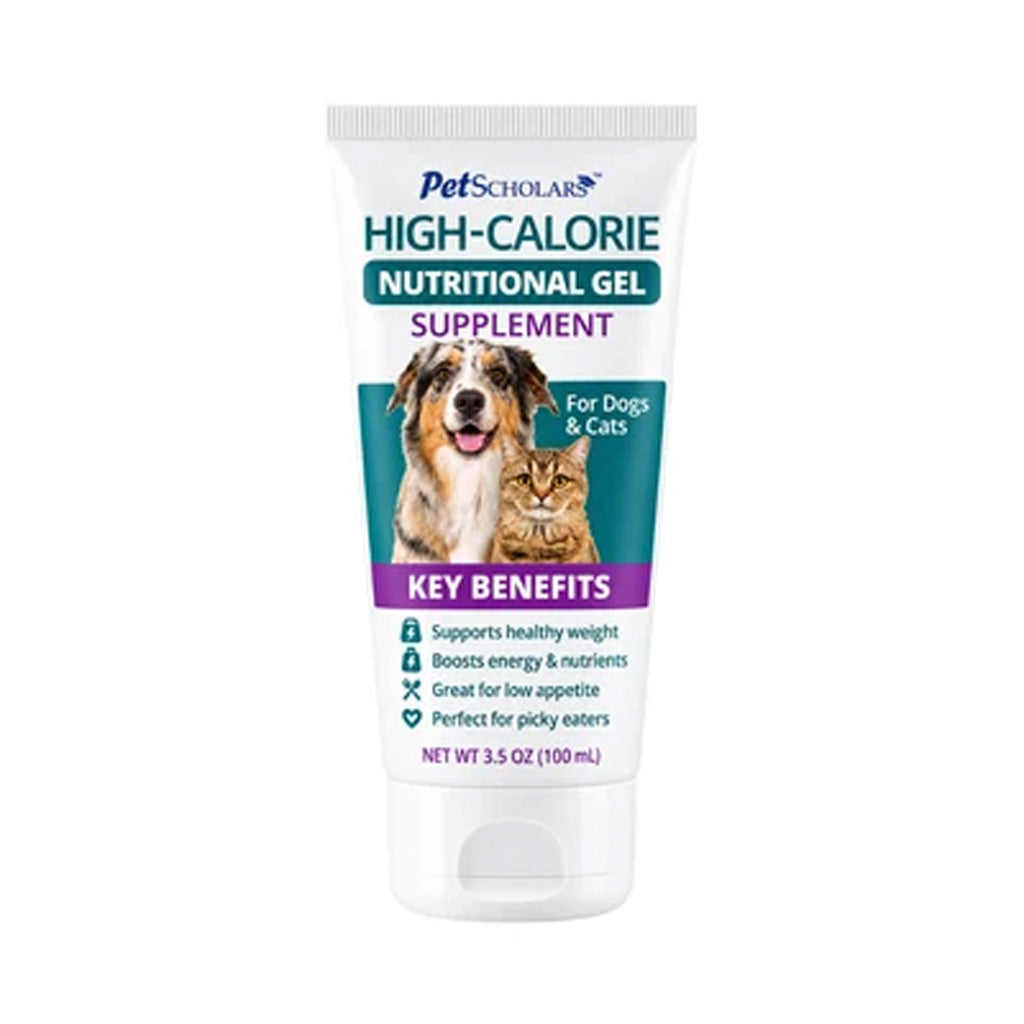 A 3.5 oz 100ml squeeze tube of Pet Scholars High-Calorie Nutritional Gel Supplement for dogs and cats, featuring a white tube with teal, purple, and red text and an image of a dog and cat on the front label.