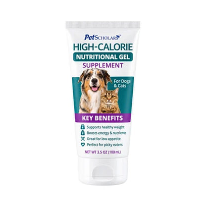 A 3.5 oz 100ml squeeze tube of Pet Scholars High-Calorie Nutritional Gel Supplement for dogs and cats, featuring a white tube with teal, purple, and red text and an image of a dog and cat on the front label.