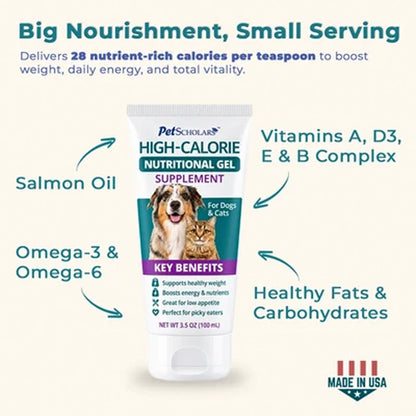 A tube of Pet Scholars High-Calorie Nutritional Gel supplement for dogs and cats, shown on a light beige background with marketing text and arrows highlighting key benefits like salmon oil, omega-3 and omega-6, vitamins, and healthy fats and carbohydrates.